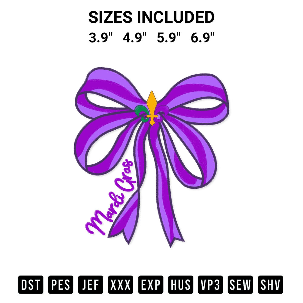 Transform your fabrics with the Mardi Gras Coquette Bow Embroidery Design embroidery design. Instant access to premium digitized patterns at Designspacks.com. Available sizes: 3.9", 4.9", 5.9", 6.9".