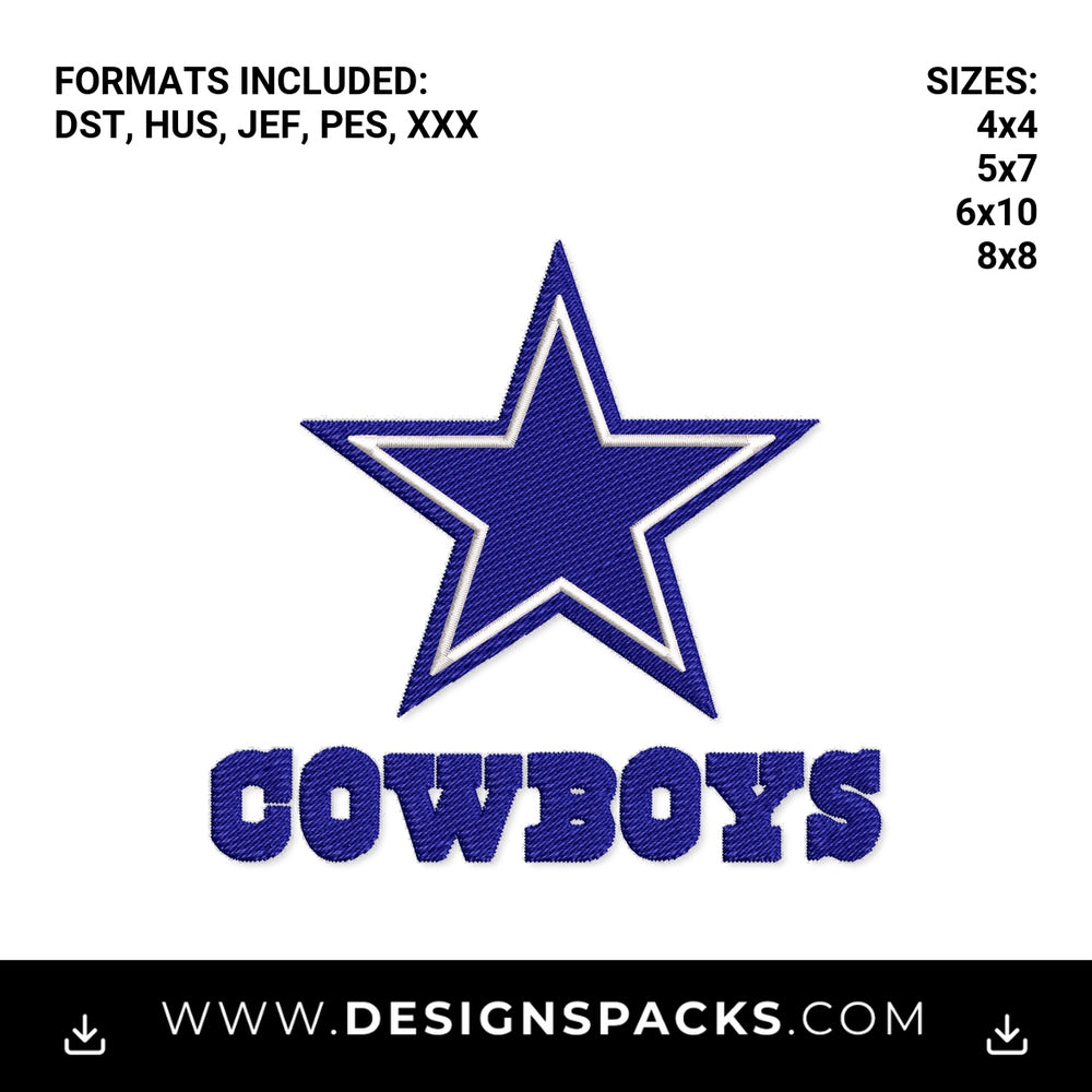 Dallas Cowboys Star Logo with Text Embroidery Design - Instant digital download pattern at Designspacks.com