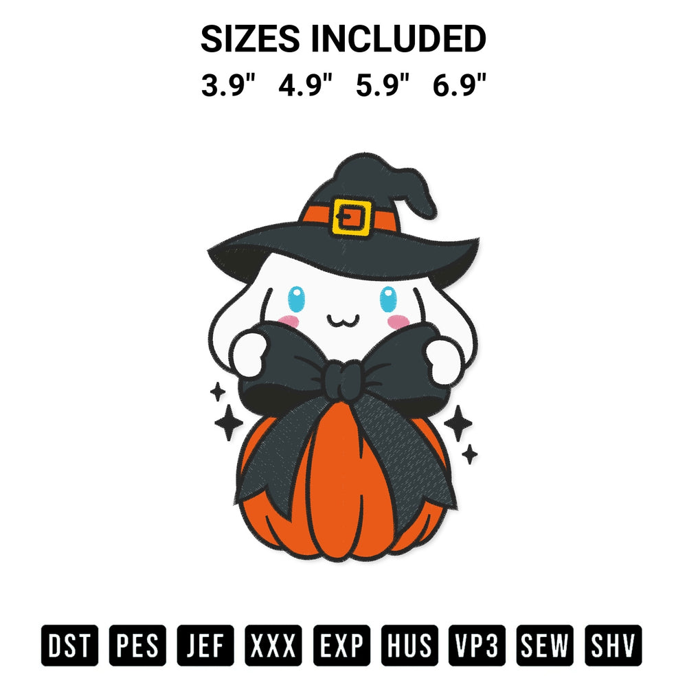 Discover the perfect addition to your crafting collection: Cinnamoroll Witch Coquette Pumpkin Embroidery Design embroidery file. Instantly available at Designspacks.com. Available sizes: 3.9", 4.9", 5.9", 6.9".