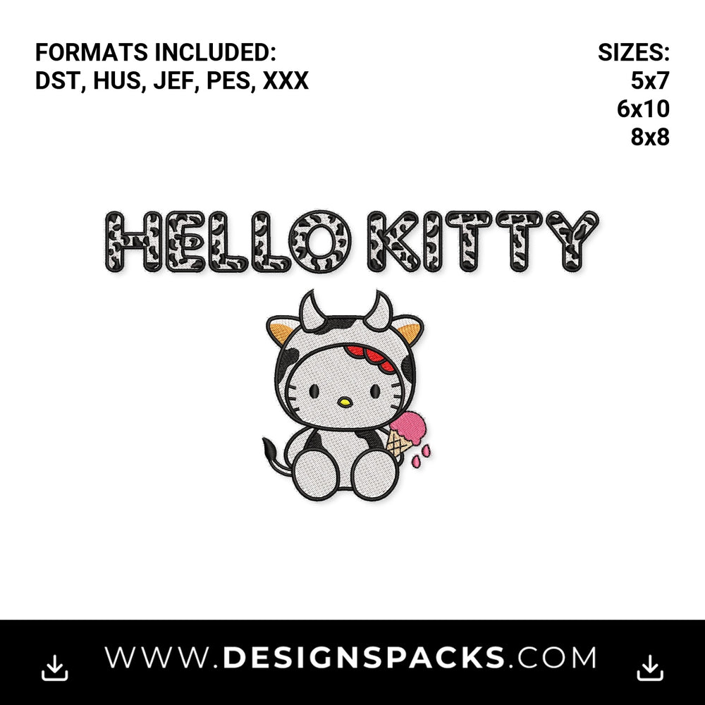 Hello Kitty Cow Costume with Ice Cream Embroidery Design - Instant digital download pattern at Designspacks.com