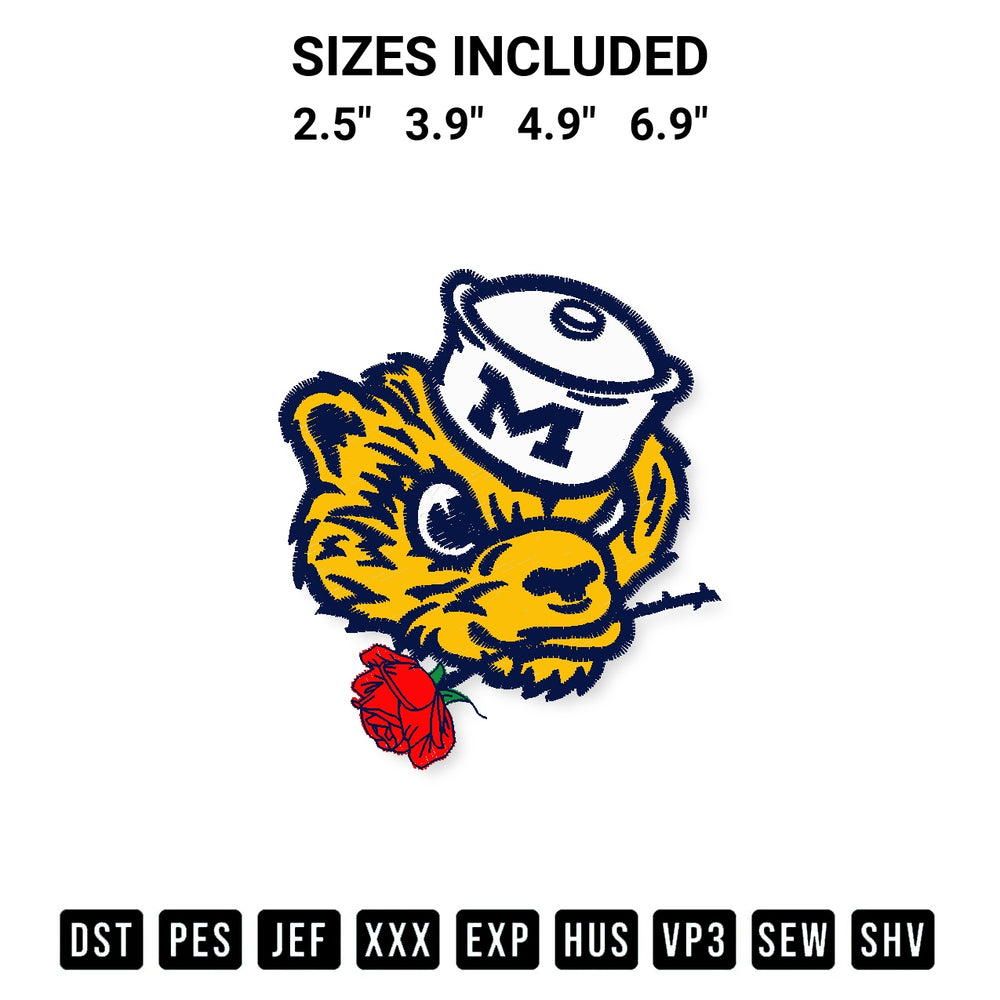 Shop the Michigan Wolverines Logo Rose Embroidery Design machine embroidery pattern at Designspacks.com. Beautifully digitized for flawless stitching on any fabric. Available sizes: 2.5", 3.9", 4.9", 6.9".