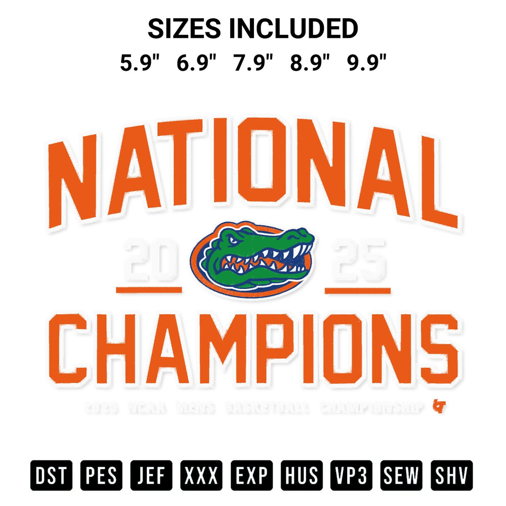 Discover the perfect addition to your crafting collection: Florida Gators National Champions 2025 Embroidery Design embroidery file. Instantly available at Designspacks.com. Available sizes: 5.9", 6.9", 7.9", 8.9", 9.9".