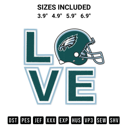 Download the Love Philadelphia Eagles Helmet Embroidery Design machine embroidery design exclusively at Designspacks.com. Premium digitized pattern for apparel and DIY crafts. Available sizes: 3.9