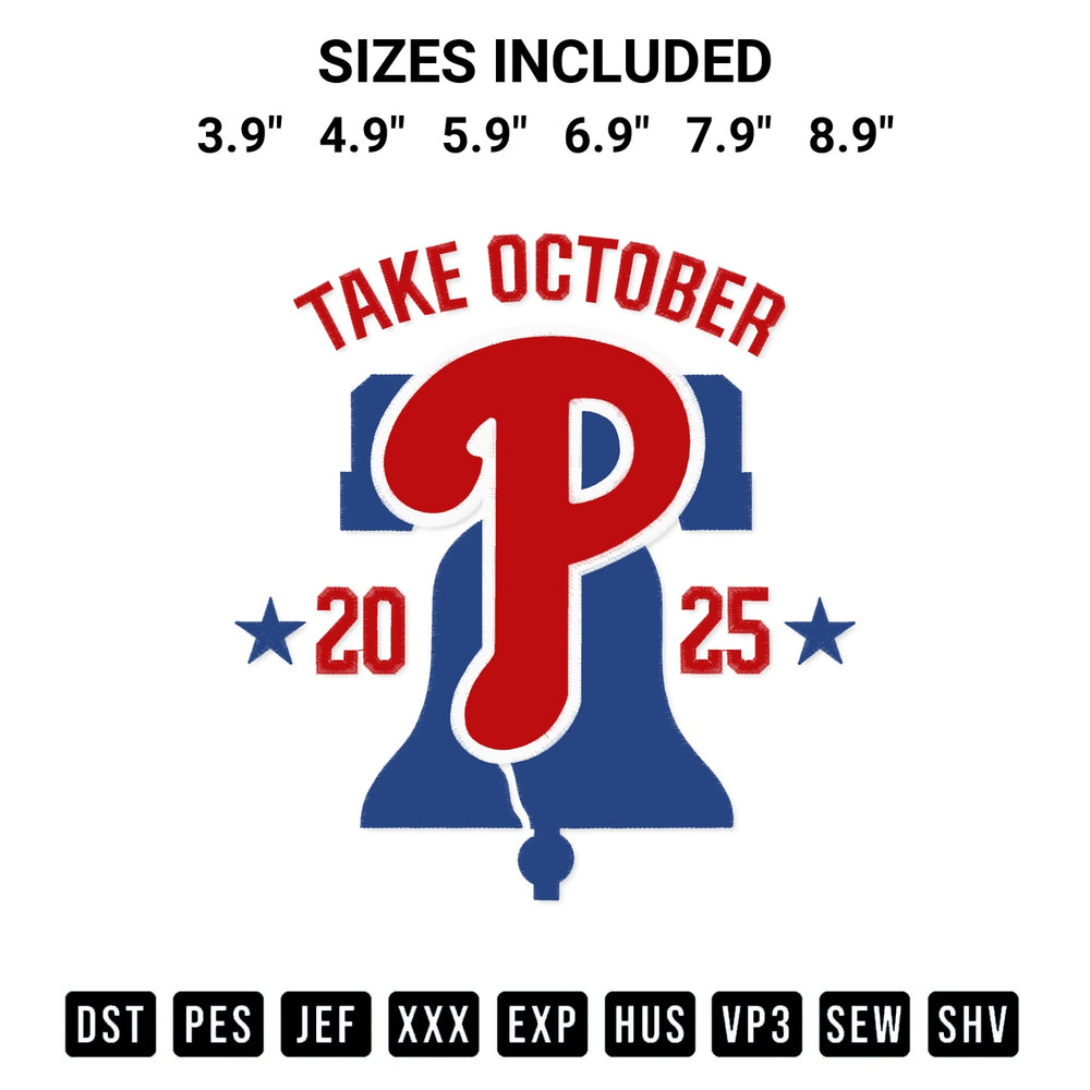 Add a unique touch to your apparel with the Take October 2025 Phillies Ring The Bell Embroidery Design embroidery file. Premium instant download available now on Designspacks.com. Available sizes: 3.9", 4.9", 5.9", 6.9", 7.9", 8.9".