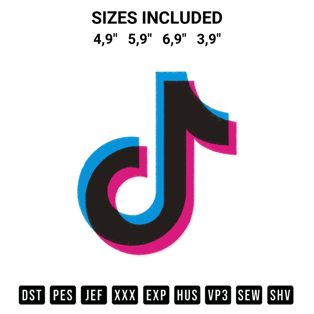 Create amazing crafts with the Tiktok Logo Emroidery Embroidery Design embroidery file. High-quality digital download from Designspacks.com, perfect for beginners and pros. Available sizes: 4,9", 5,9", 6,9", 3,9".