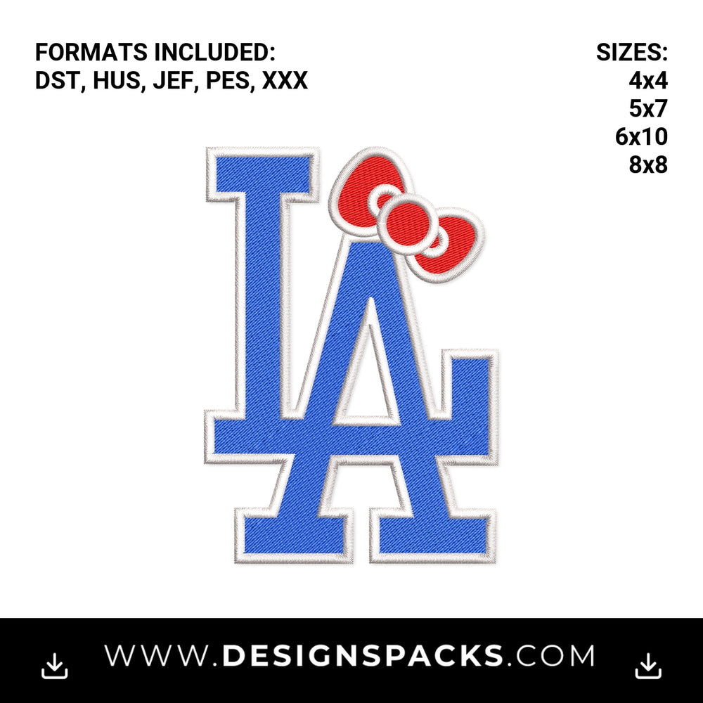 LA Dodgers Logo with Red Bow Embroidery Design - Instant digital download pattern at Designspacks.com
