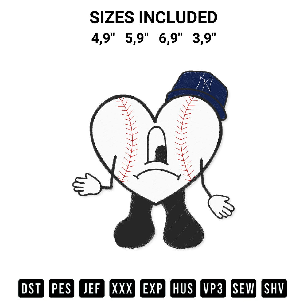 Add a unique touch to your apparel with the Bad Bunny Baseball New York Yankees Logo Embroidery Design embroidery file. Premium instant download available now on Designspacks.com. Available sizes: 4,9", 5,9", 6,9", 3,9".