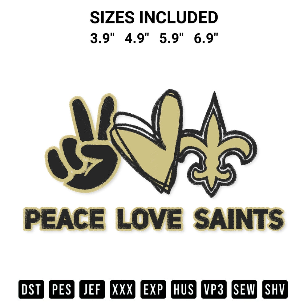 Shop the Peace Love Saints Embroidery Design machine embroidery pattern at Designspacks.com. Beautifully digitized for flawless stitching on any fabric. Available sizes: 3.9", 4.9", 5.9", 6.9".