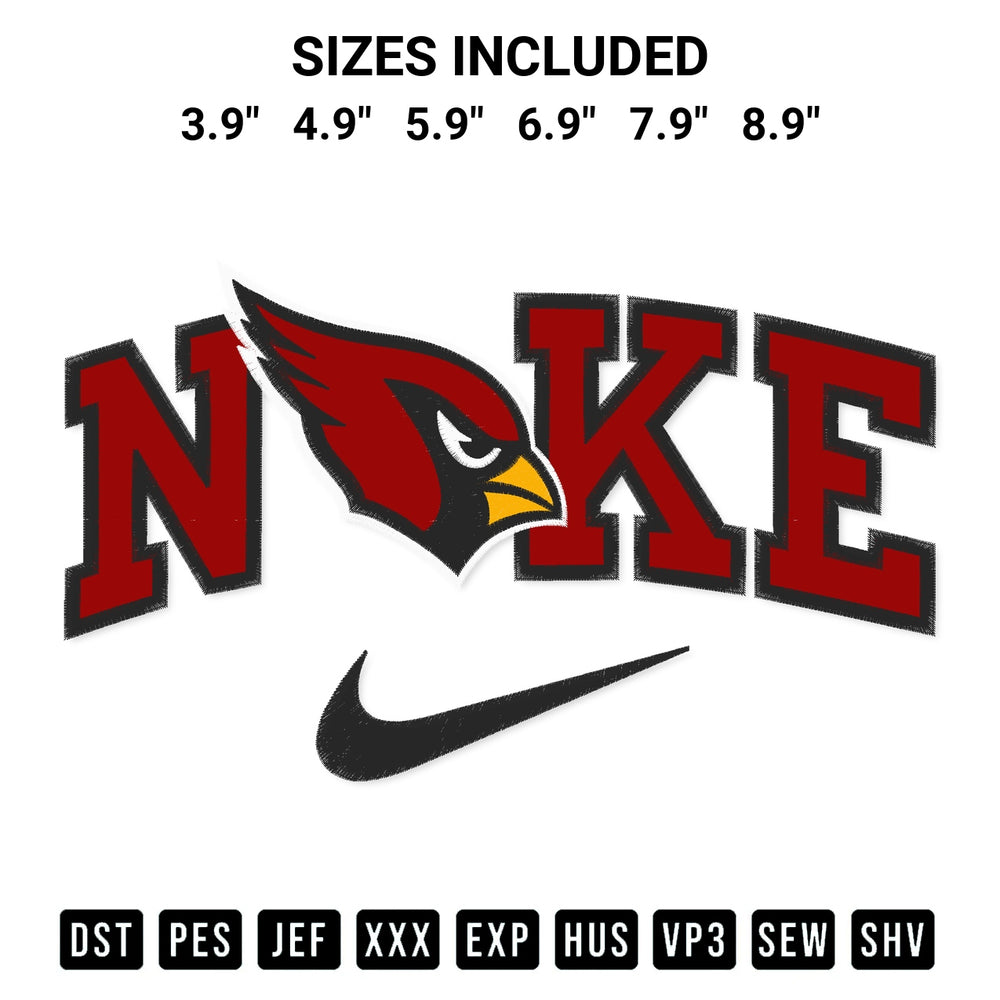 Transform your fabrics with the Arizona Cardinals X Nike Embroidery Design embroidery design. Instant access to premium digitized patterns at Designspacks.com. Available sizes: 3.9", 4.9", 5.9", 6.9", 7.9", 8.9".