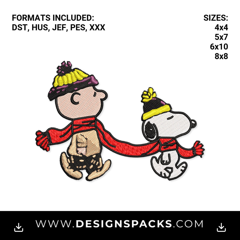 Charlie Brown and Snoopy Winter Scarf Embroidery Design - Instant digital download pattern at Designspacks.com