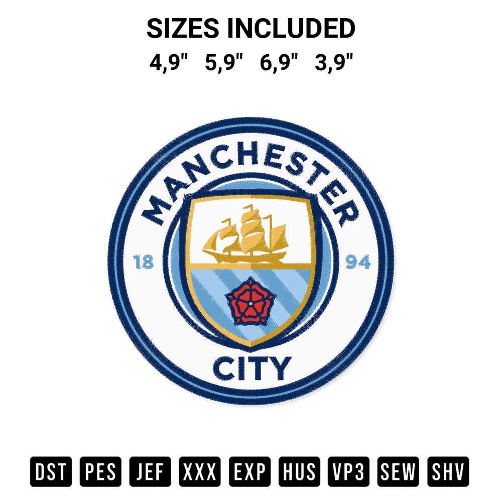 Shop the Manchester City Football Logo Embroidery Design machine embroidery pattern at Designspacks.com. Beautifully digitized for flawless stitching on any fabric. Available sizes: 4,9", 5,9", 6,9", 3,9".