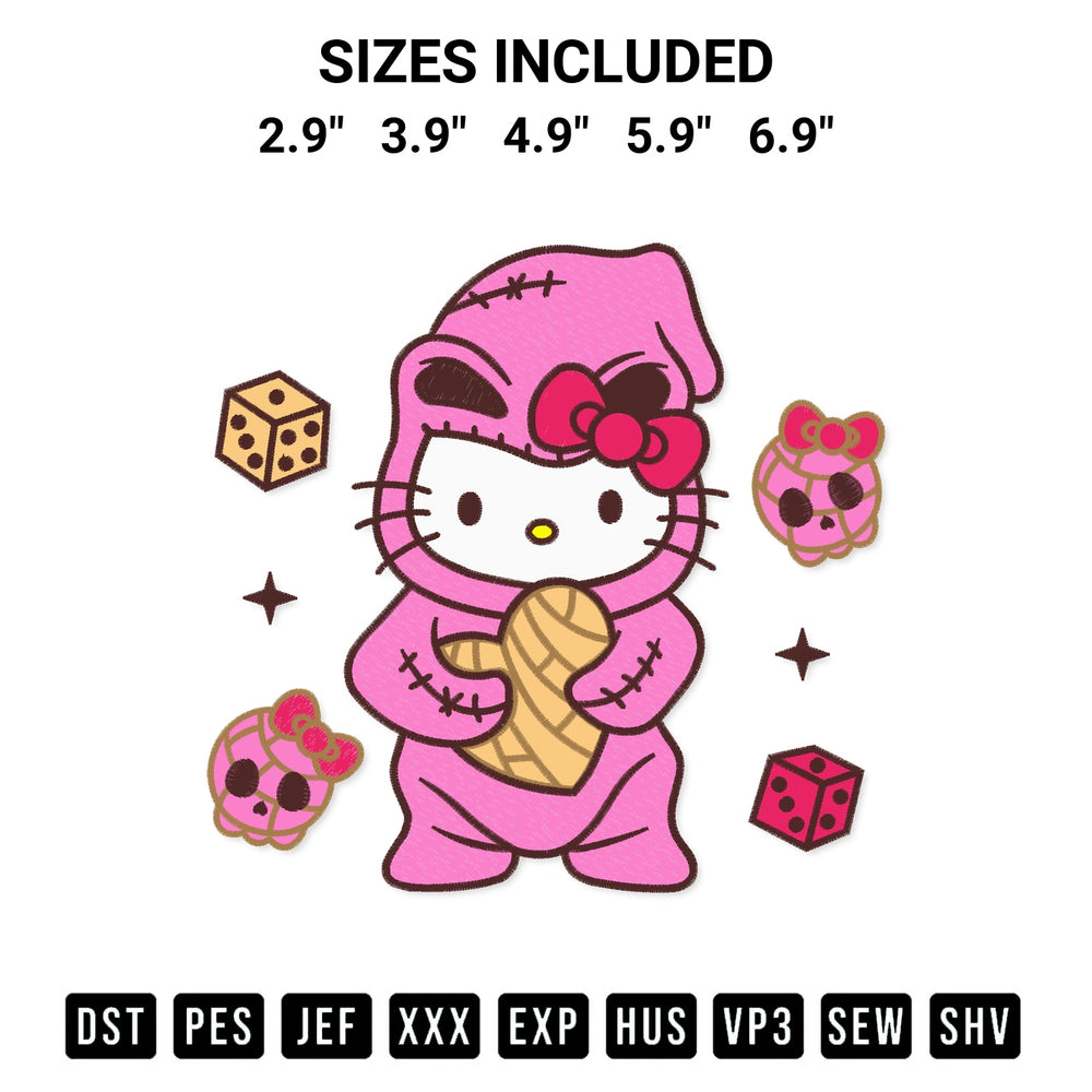 Stitch like a pro with the Oogie Boogie Hello Kitty Concha Embroidery Design embroidery pattern from Designspacks.com. High-quality digital machine embroidery file. Available sizes: 2.9", 3.9", 4.9", 5.9", 6.9".
