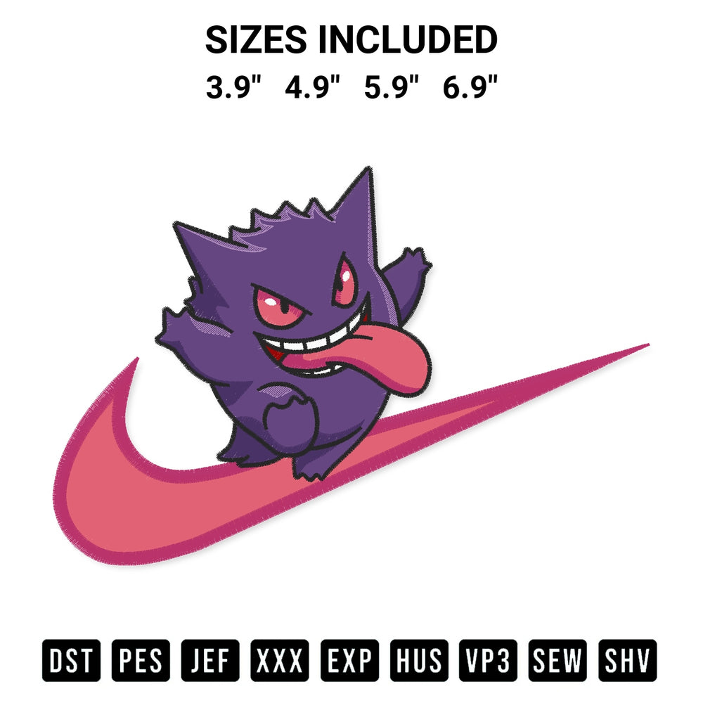 Stitch like a pro with the Swoosh Gengar Embroidery Design embroidery pattern from Designspacks.com. High-quality digital machine embroidery file. Available sizes: 3.9", 4.9", 5.9", 6.9".