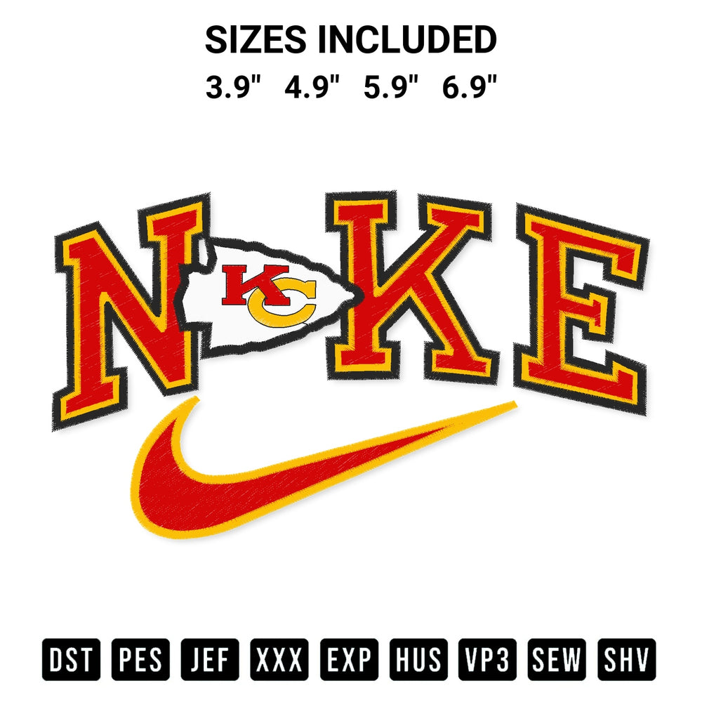 Elevate your next project with our Kansas City Football Nike Embroidery Design embroidery file. Shop high-quality digital patterns instantly at Designspacks.com. Available sizes: 3.9", 4.9", 5.9", 6.9".
