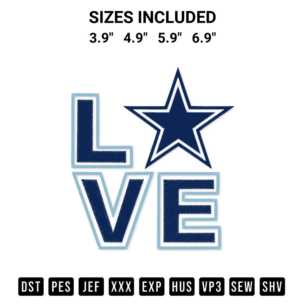 Download the Dallas Cowboys Love Embroidery Design machine embroidery design exclusively at Designspacks.com. Premium digitized pattern for apparel and DIY crafts. Available sizes: 3.9", 4.9", 5.9", 6.9".