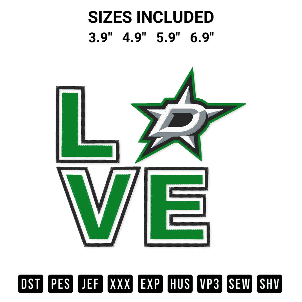 Discover the perfect addition to your crafting collection: Love Dallas Stars Embroidery Design embroidery file. Instantly available at Designspacks.com. Available sizes: 3.9", 4.9", 5.9", 6.9".