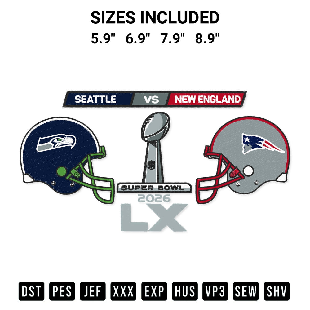 Discover the perfect addition to your crafting collection: 2026 Super Bowl Seahawks Vs Patriots Embroidery Design embroidery file. Instantly available at Designspacks.com. Available sizes: 5.9", 6.9", 7.9", 8.9".