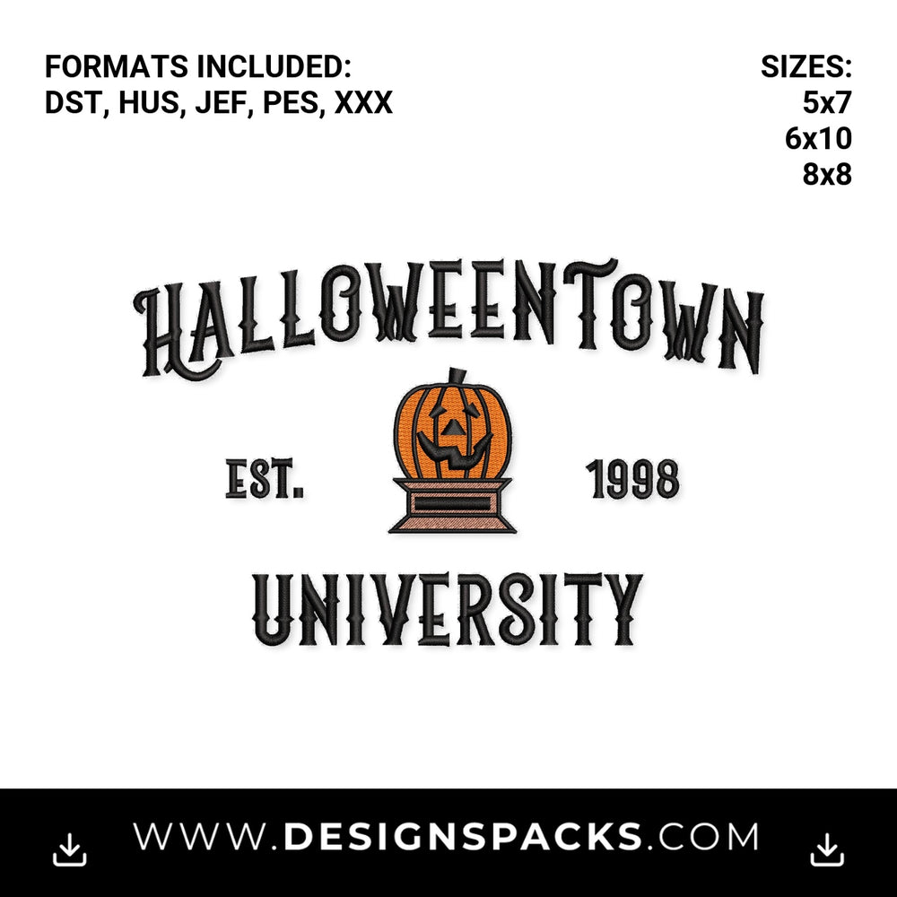 Halloweentown University Est 1998 Pumpkin Embroidery Design - Instant digital download pattern at Designspacks.com