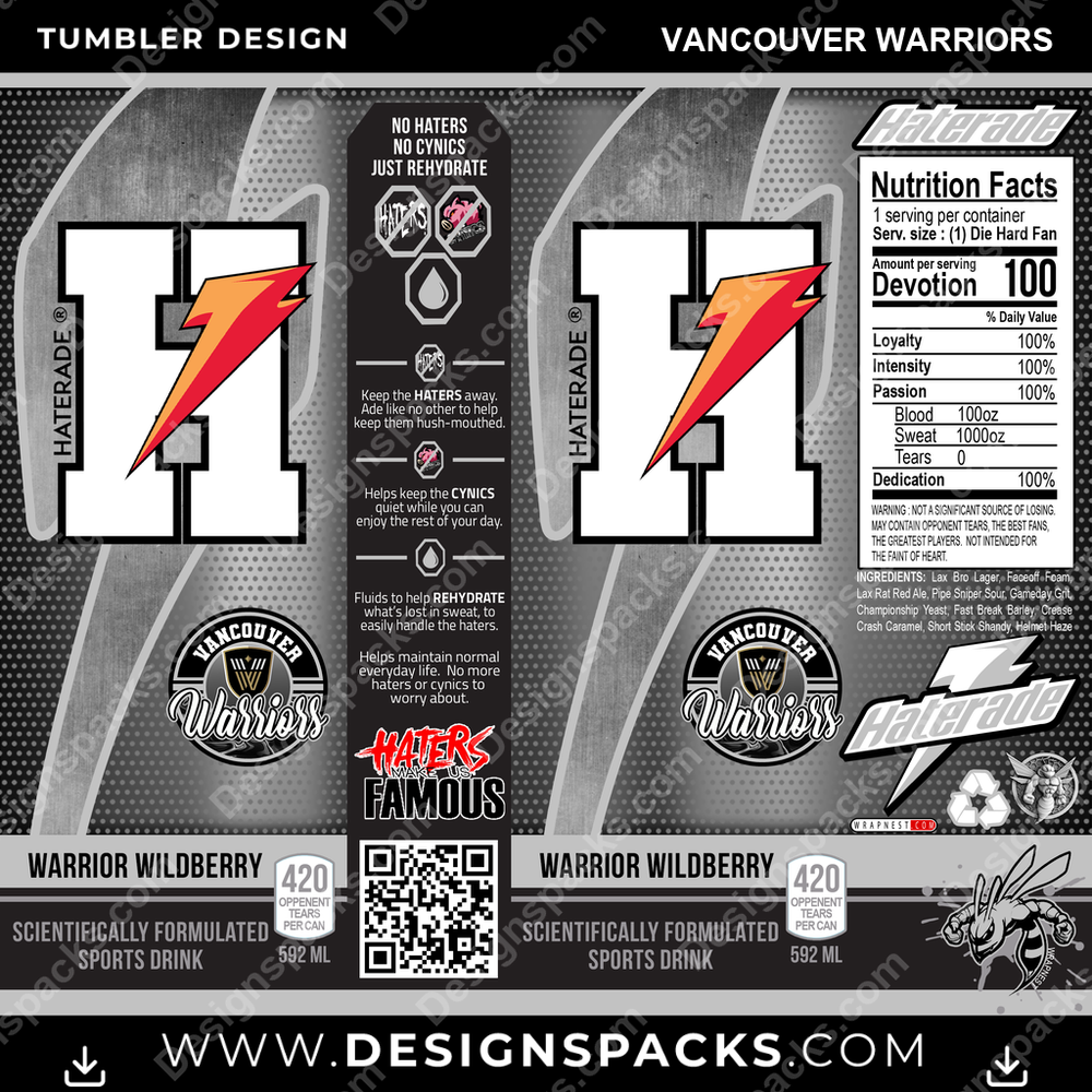 Lacrosse Haterade Vancouver Warriors Tumbler Digital Wrap Design
