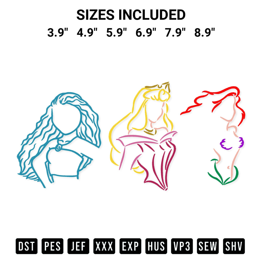 Elevate your next project with our Disney Princess Silhouette Embroidery Design embroidery file. Shop high-quality digital patterns instantly at Designspacks.com. Available sizes: 3.9", 4.9", 5.9", 6.9", 7.9", 8.9".