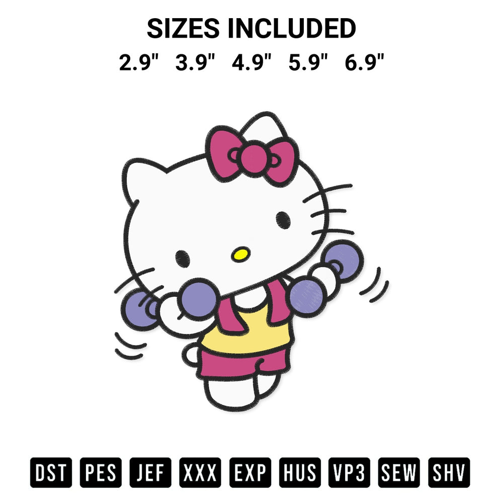 Discover the perfect addition to your crafting collection: Hello Kitty Gym Embroidery Design embroidery file. Instantly available at Designspacks.com. Available sizes: 2.9", 3.9", 4.9", 5.9", 6.9".