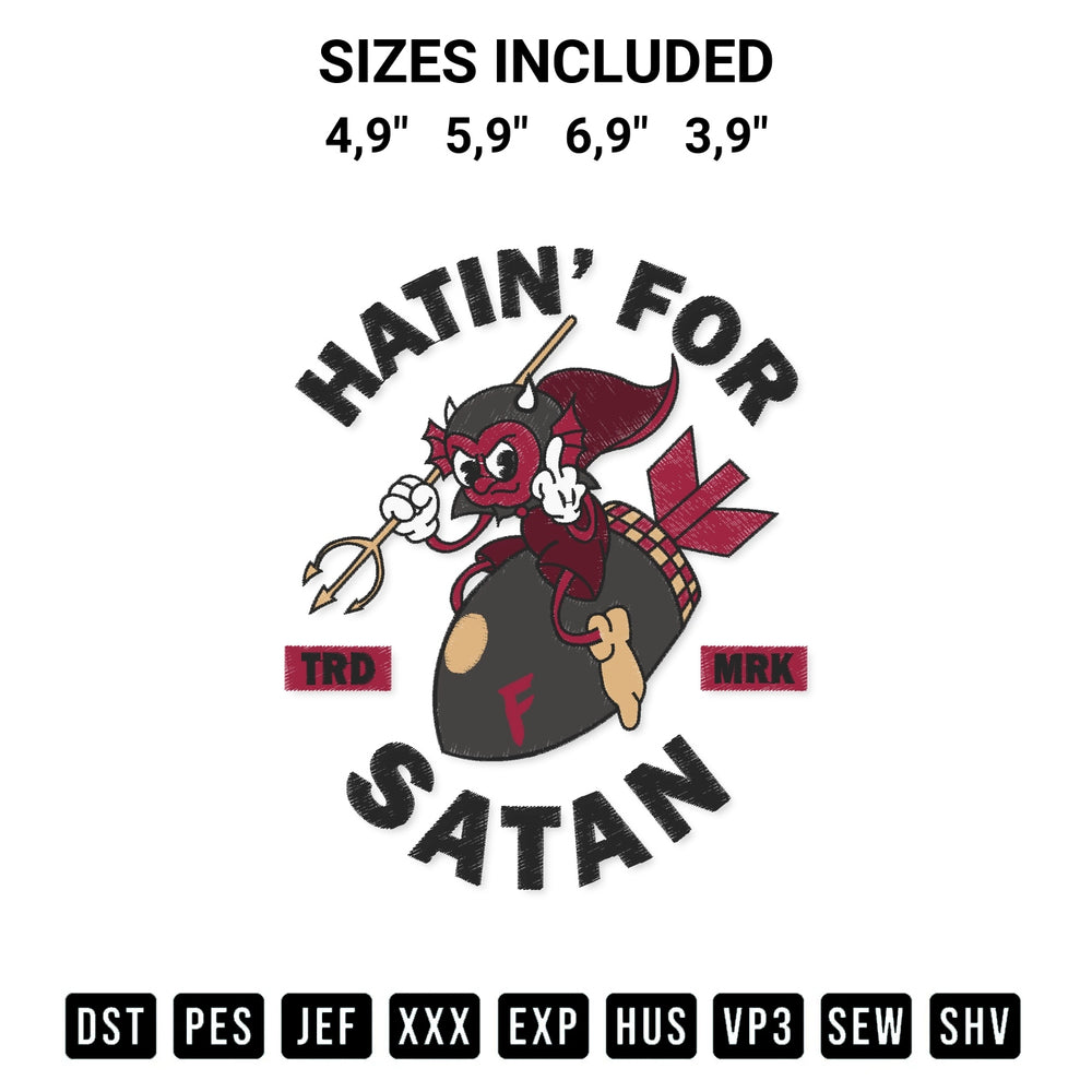 Stitch like a pro with the Hatin For Satan Vintage Cartoon Rubberhose Style Red Devil Dropping F Bomb Logo Embroidery Design embroidery pattern from Designspacks.com. High-quality digital machine embroidery file. Available sizes: 4,9", 5,9", 6,9", 3,9".