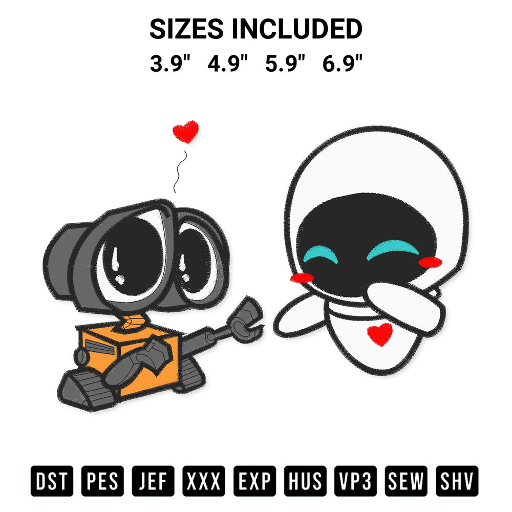 Shop the Wall E And Eve Embroidery Design machine embroidery pattern at Designspacks.com. Beautifully digitized for flawless stitching on any fabric. Available sizes: 3.9", 4.9", 5.9", 6.9".