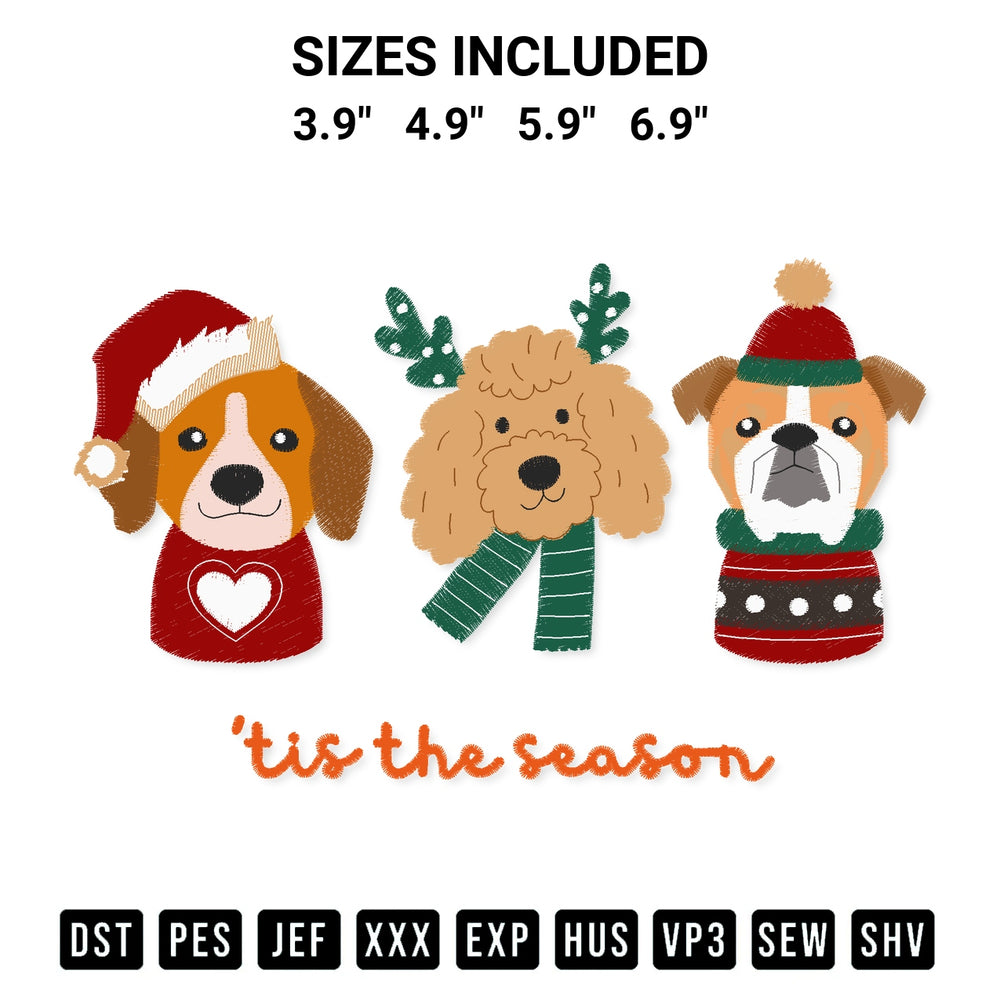 Stitch like a pro with the Tis The Season Cute Dogs Christmas Embroidery Design embroidery pattern from Designspacks.com. High-quality digital machine embroidery file. Available sizes: 3.9", 4.9", 5.9", 6.9".
