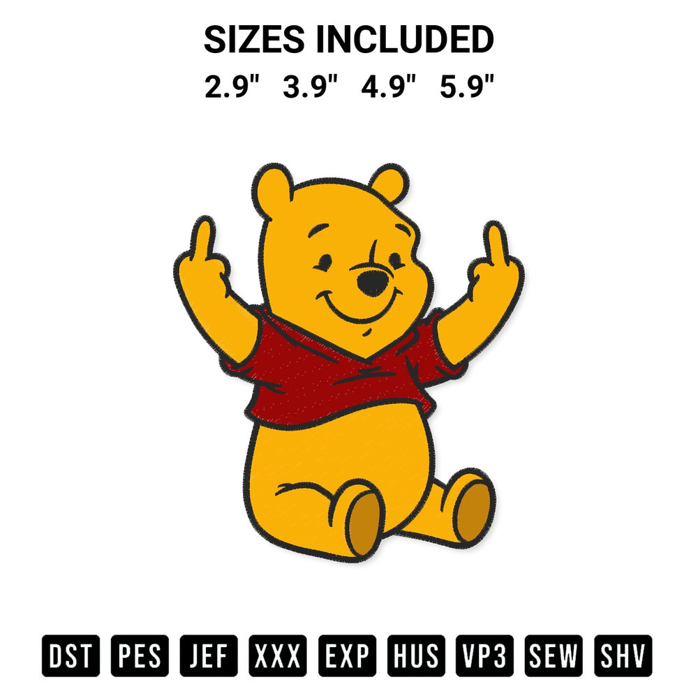 Shop the Pooh Bear Middle Finger Embroidery Design machine embroidery pattern at Designspacks.com. Beautifully digitized for flawless stitching on any fabric. Available sizes: 2.9", 3.9", 4.9", 5.9".
