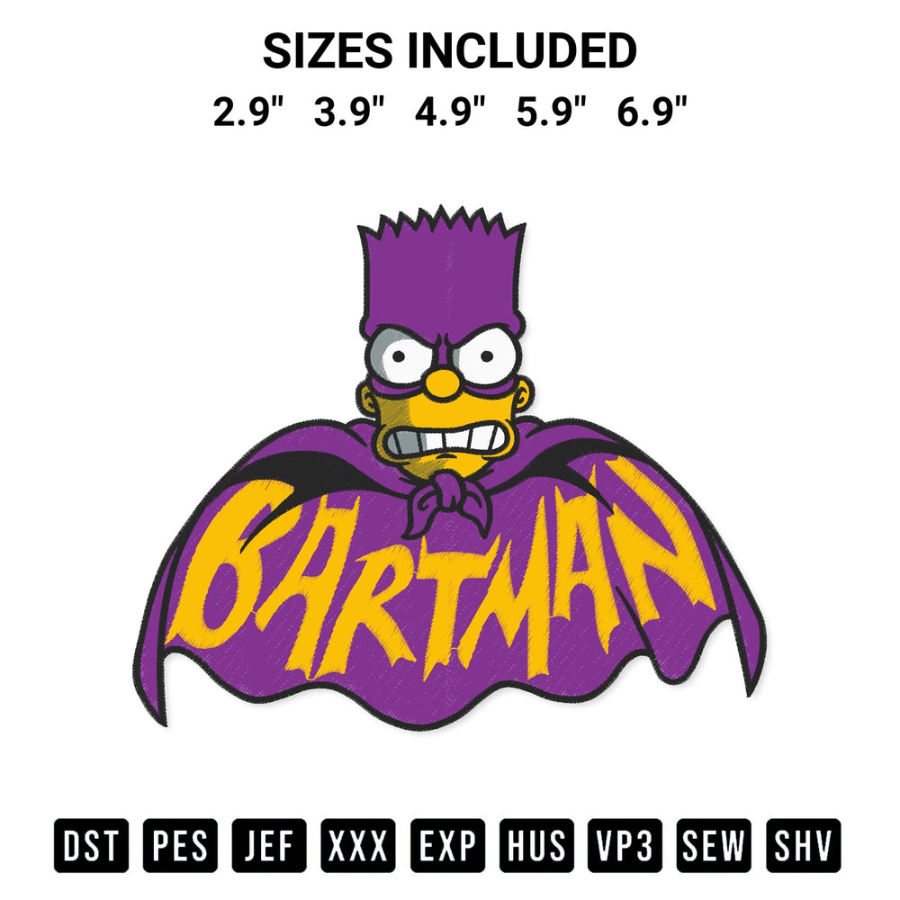 Shop the Bart Simpson Bartman Embroidery Design machine embroidery pattern at Designspacks.com. Beautifully digitized for flawless stitching on any fabric. Available sizes: 2.9", 3.9", 4.9", 5.9", 6.9".