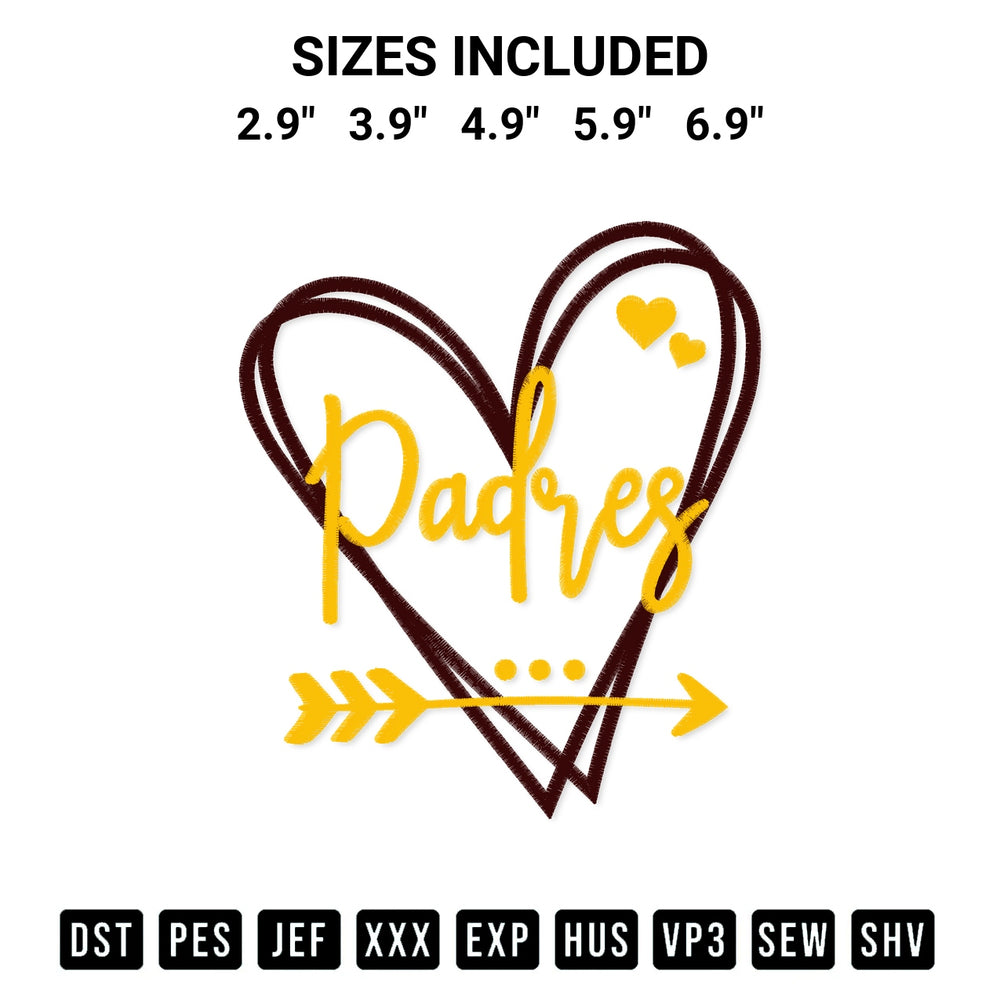 Download the San Diego Padres Heart Embroidery Design machine embroidery design exclusively at Designspacks.com. Premium digitized pattern for apparel and DIY crafts. Available sizes: 2.9", 3.9", 4.9", 5.9", 6.9".