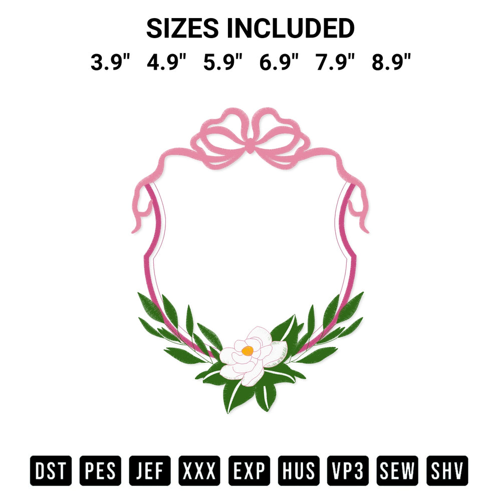 Transform your fabrics with the Banner Frame Bow And Floral Leaf Embroidery Design embroidery design. Instant access to premium digitized patterns at Designspacks.com. Available sizes: 3.9", 4.9", 5.9", 6.9", 7.9", 8.9".
