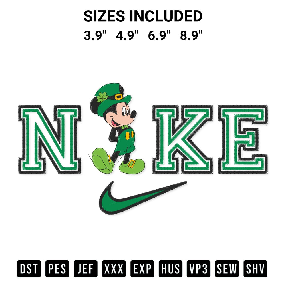 Stitch like a pro with the Mickey St Patricks Day Nike Embroidery Design embroidery pattern from Designspacks.com. High-quality digital machine embroidery file. Available sizes: 3.9", 4.9", 6.9", 8.9".