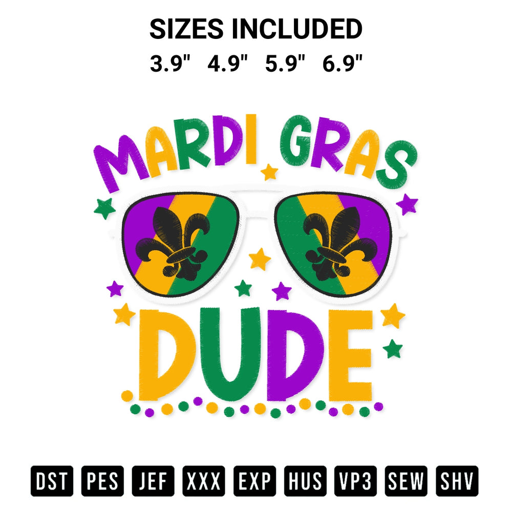 Get the Mardi Gras Dude Glasses Embroidery Design embroidery design for your custom crafts! Premium digitized files available for instant download at Designspacks.com. Available sizes: 3.9", 4.9", 5.9", 6.9".