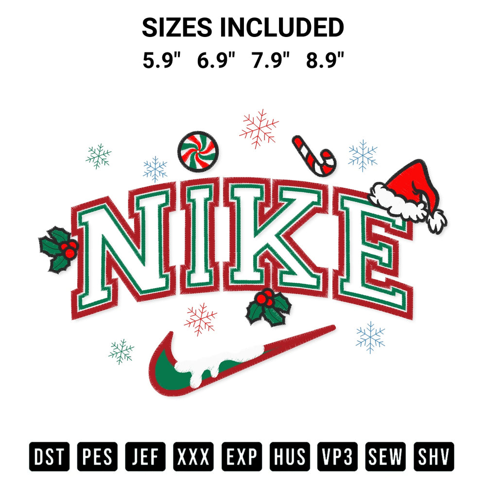 Shop the Nike Christmas Embroidery Design machine embroidery pattern at Designspacks.com. Beautifully digitized for flawless stitching on any fabric. Available sizes: 5.9", 6.9", 7.9", 8.9".