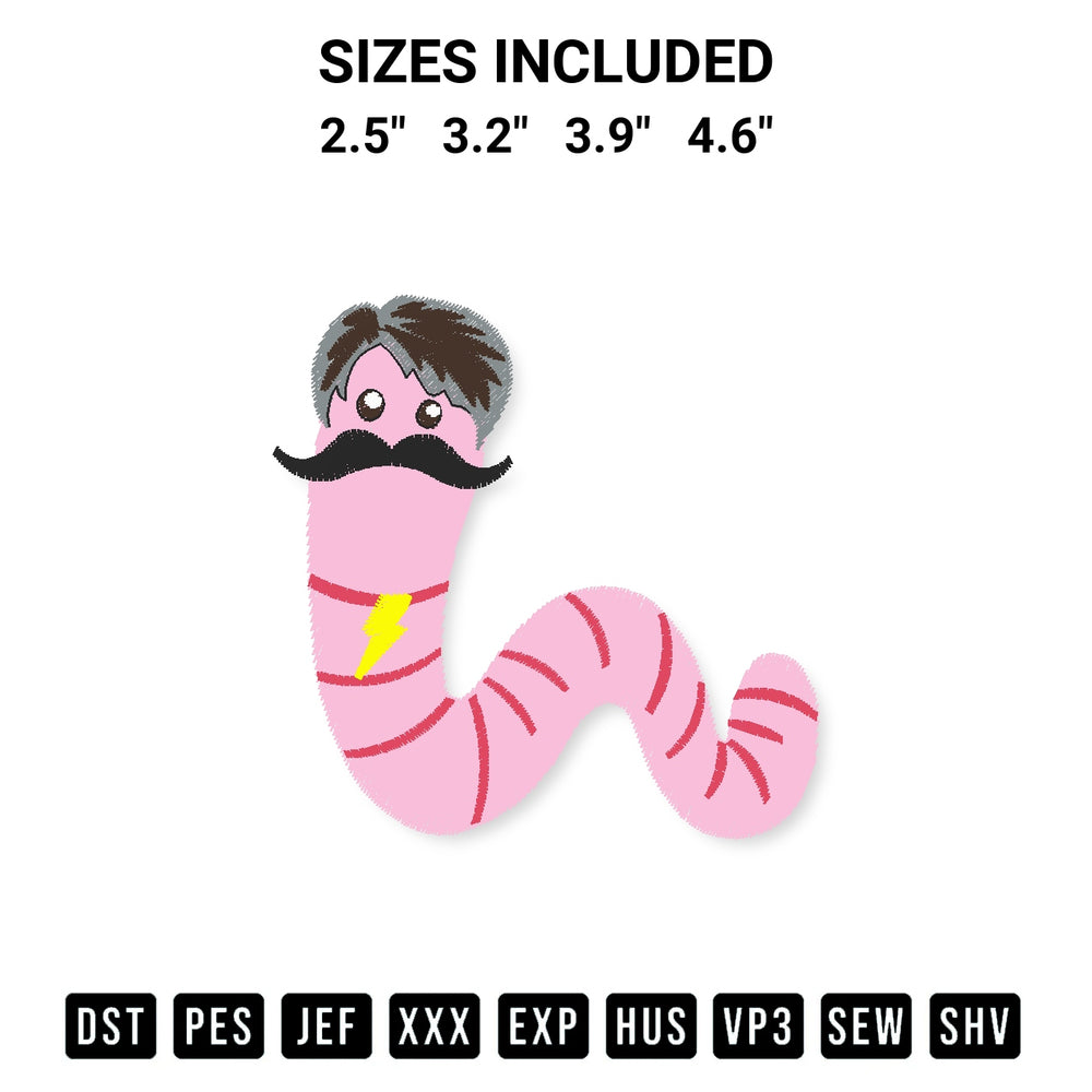 Stitch like a pro with the Worm With A Mustache Embroidery Design embroidery pattern from Designspacks.com. High-quality digital machine embroidery file. Available sizes: 2.5", 3.2", 3.9", 4.6".