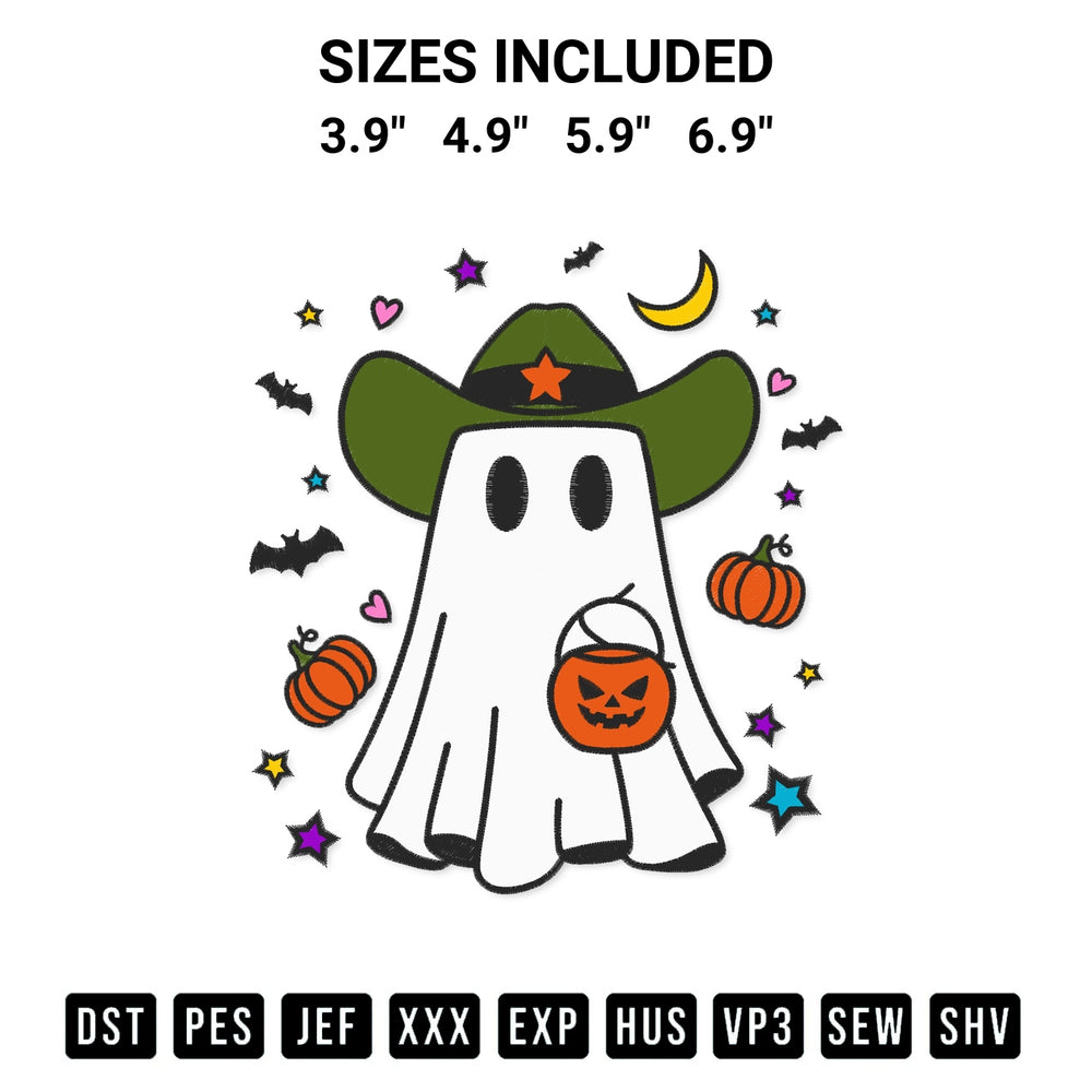Shop the Cowboy Ghost With Pumpkin Bucket Embroidery Design machine embroidery pattern at Designspacks.com. Beautifully digitized for flawless stitching on any fabric. Available sizes: 3.9", 4.9", 5.9", 6.9".