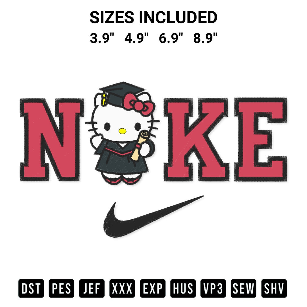 Download the Nike Hello Kitty Graduation Embroidery Design machine embroidery design exclusively at Designspacks.com. Premium digitized pattern for apparel and DIY crafts. Available sizes: 3.9", 4.9", 6.9", 8.9".
