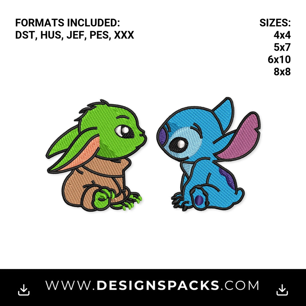 Cute Baby Yoda and Stitch Friends Embroidery Design - Instant digital download pattern at Designspacks.com