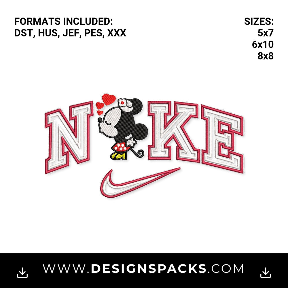 Minnie Mouse Nike Swoosh Hearts Embroidery Design - Instant digital download pattern at Designspacks.com