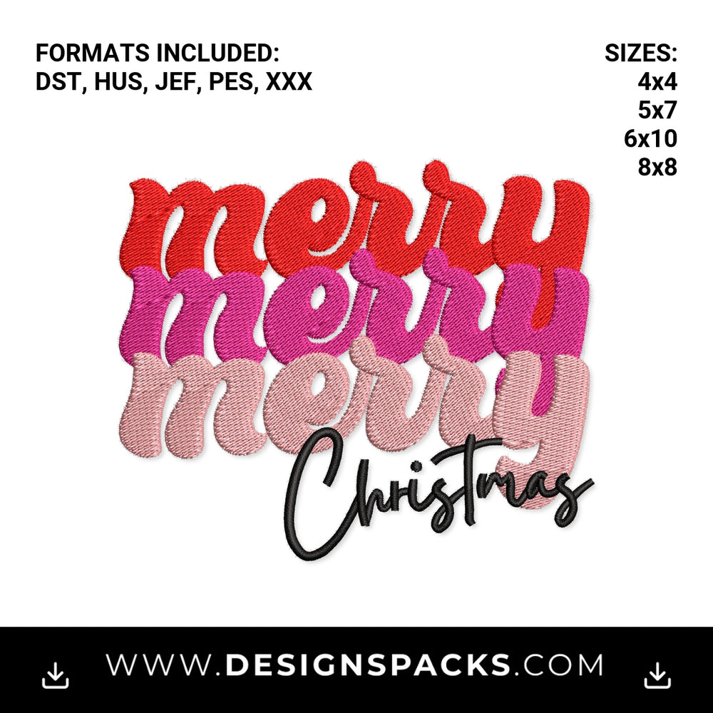Retro Stacked Merry Merry Christmas Embroidery Design - Instant digital download pattern at Designspacks.com