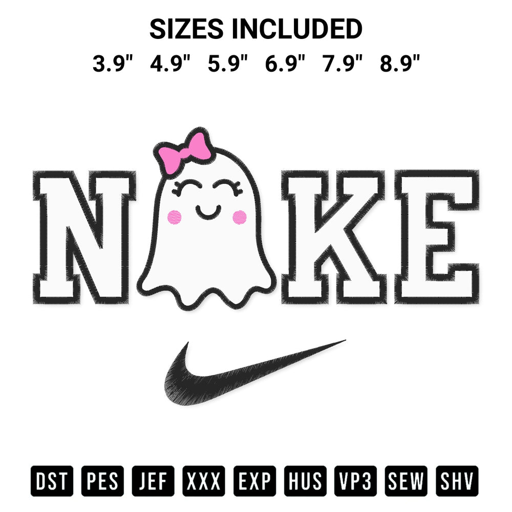 Discover the perfect addition to your crafting collection: Nike Cute Ghost Embroidery Design embroidery file. Instantly available at Designspacks.com. Available sizes: 3.9", 4.9", 5.9", 6.9", 7.9", 8.9".