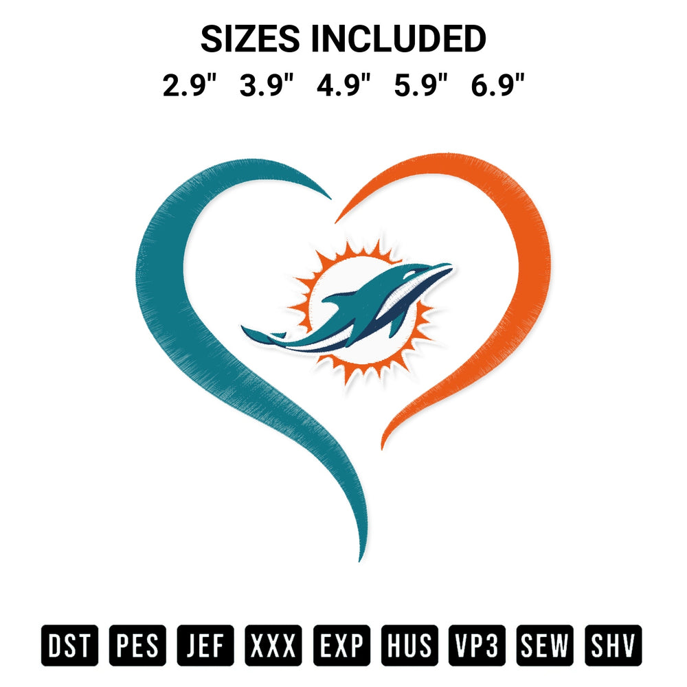 Elevate your next project with our Miami Dolphins Heart Embroidery Design embroidery file. Shop high-quality digital patterns instantly at Designspacks.com. Available sizes: 2.9", 3.9", 4.9", 5.9", 6.9".