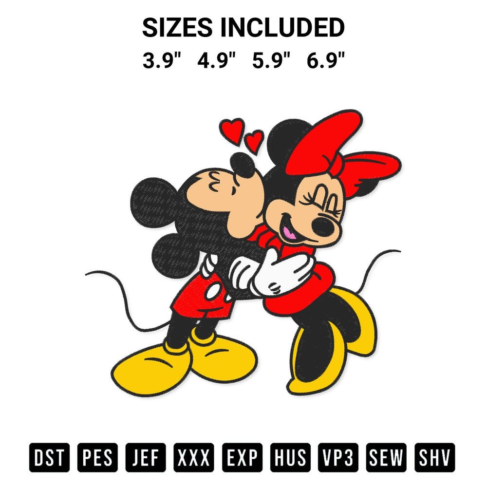Transform your fabrics with the Mickey Kissing Minnie Valentine Embroidery Design embroidery design. Instant access to premium digitized patterns at Designspacks.com. Available sizes: 3.9", 4.9", 5.9", 6.9".