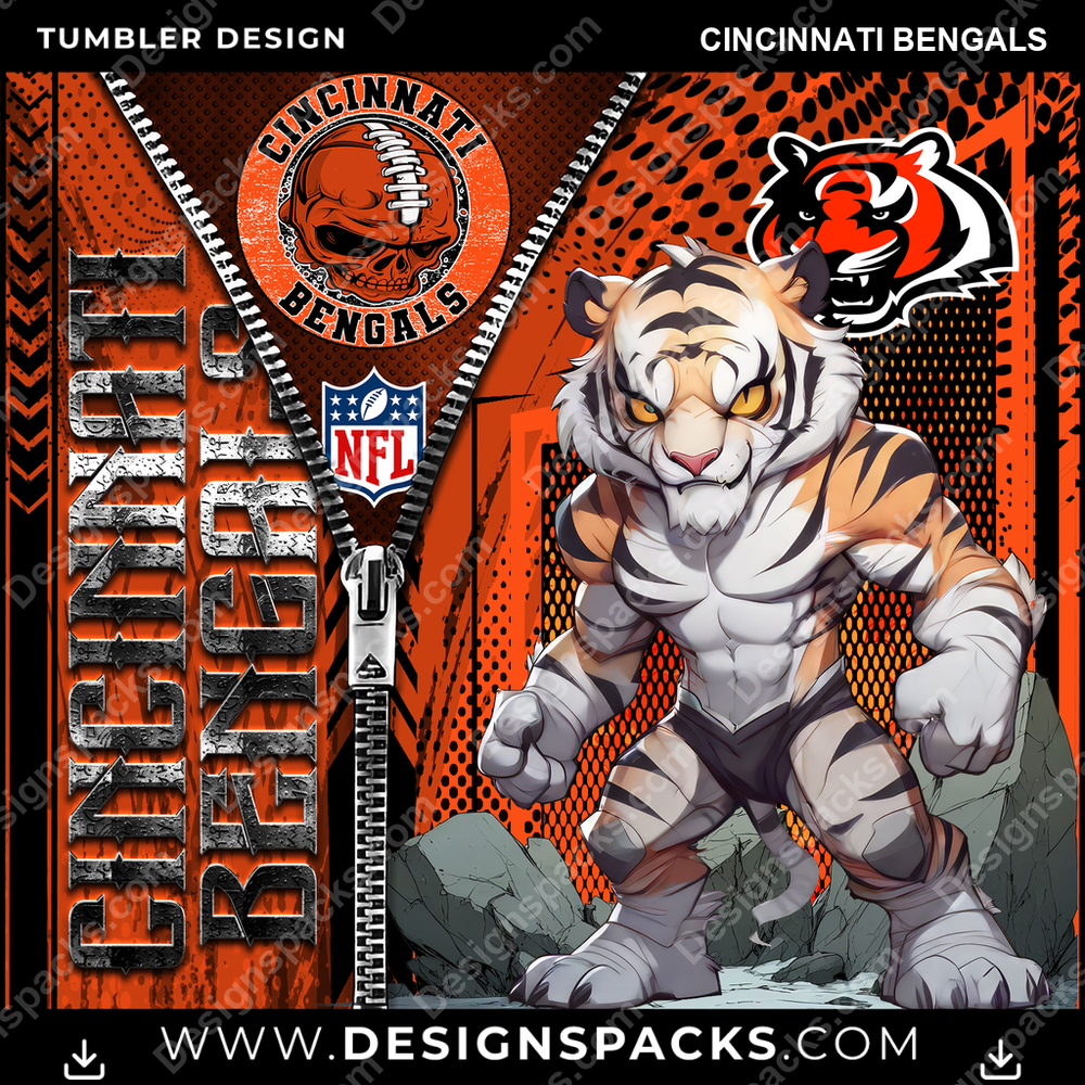 Football Zipper Mascot Cincinnati Bengals NFL Football Tumbler Digital Wrap Design Download