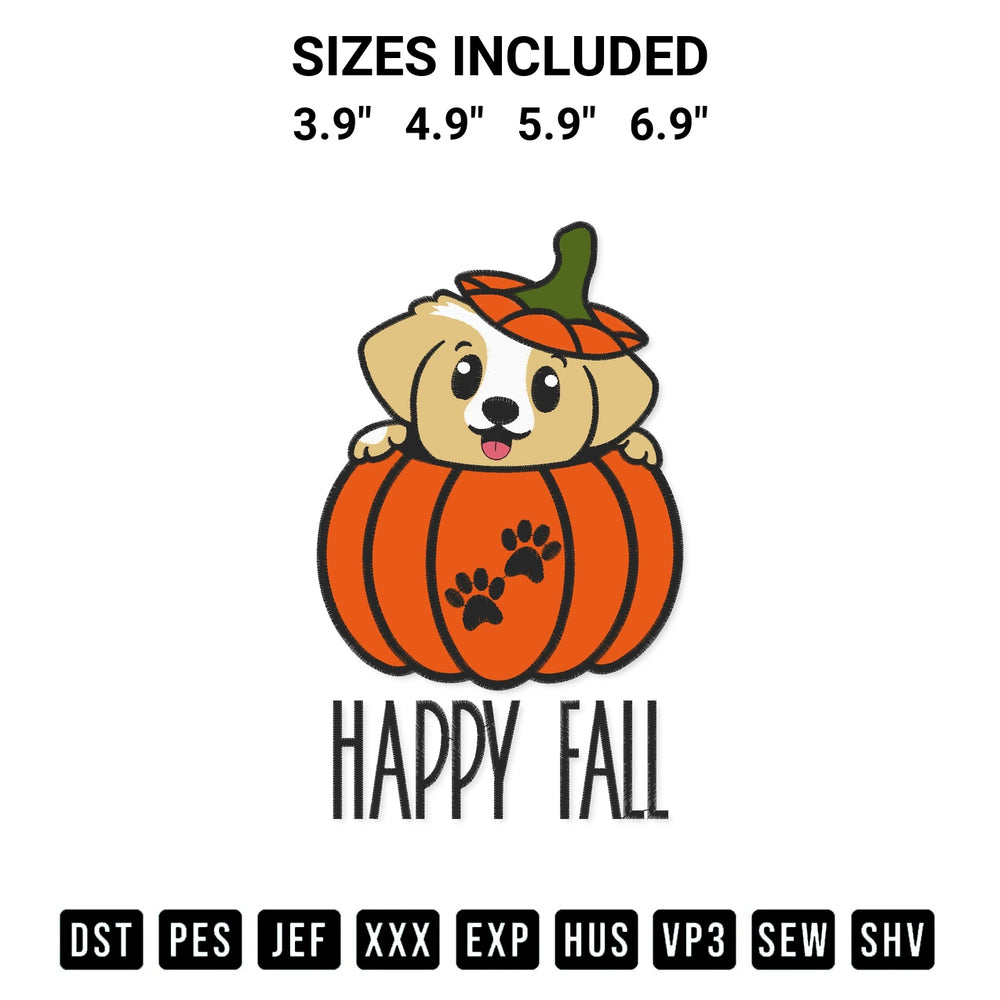 Add a unique touch to your apparel with the Happy Fall Puppy Dog Pumpkin Embroidery Design embroidery file. Premium instant download available now on Designspacks.com. Available sizes: 3.9", 4.9", 5.9", 6.9".