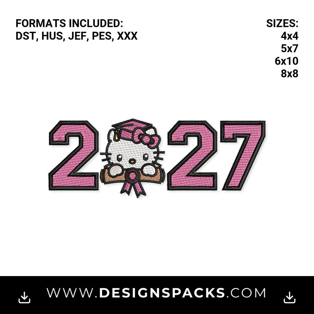 Pink Kitty Graduation Class of 2027 Embroidery Design - Instant digital download pattern at Designspacks.com