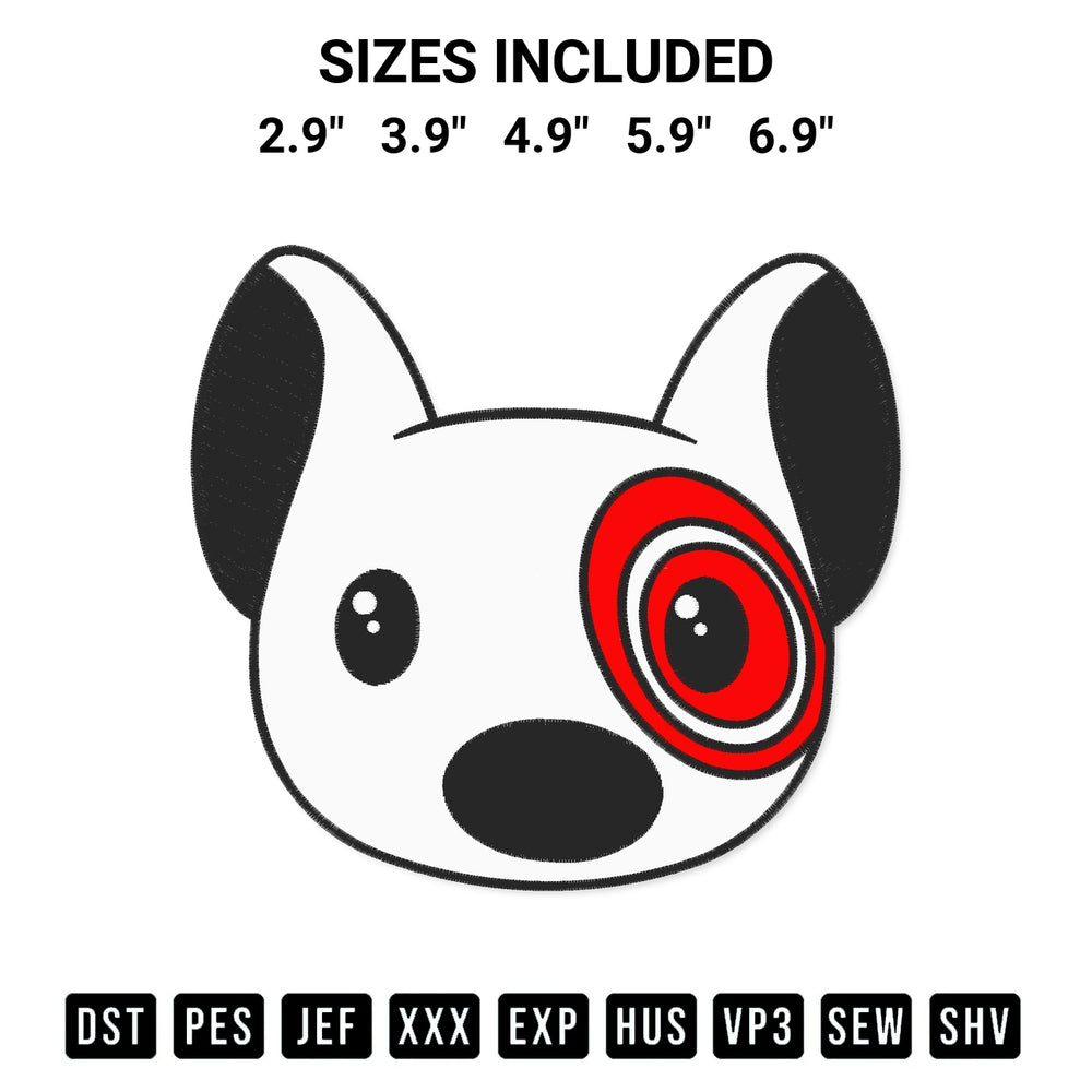 Add a unique touch to your apparel with the Bullseye Dog Face Embroidery Design embroidery file. Premium instant download available now on Designspacks.com. Available sizes: 2.9", 3.9", 4.9", 5.9", 6.9".