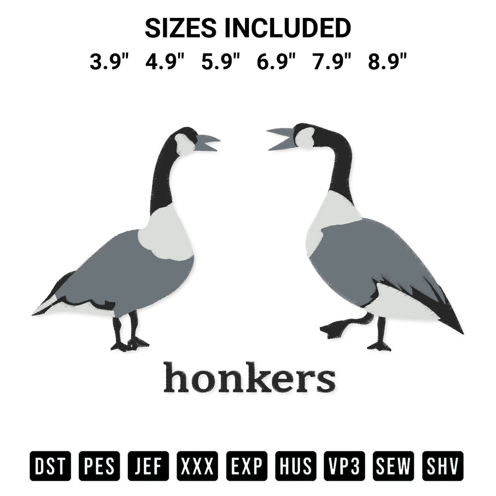 Stitch like a pro with the Couple Goose Honkers Embroidery Design embroidery pattern from Designspacks.com. High-quality digital machine embroidery file. Available sizes: 3.9", 4.9", 5.9", 6.9", 7.9", 8.9".