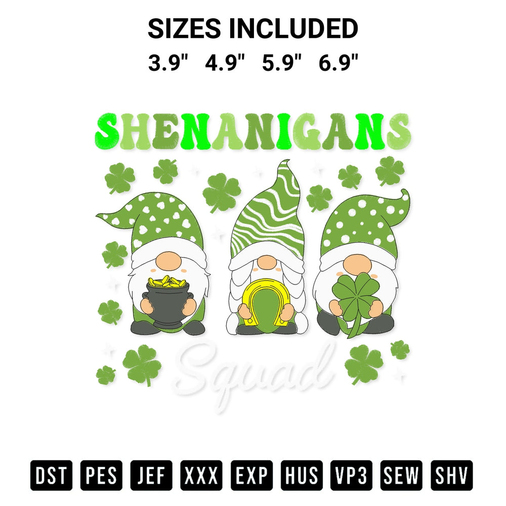 Stitch like a pro with the St Patricks Shenanigans Squad Embroidery Design embroidery pattern from Designspacks.com. High-quality digital machine embroidery file. Available sizes: 3.9", 4.9", 5.9", 6.9".